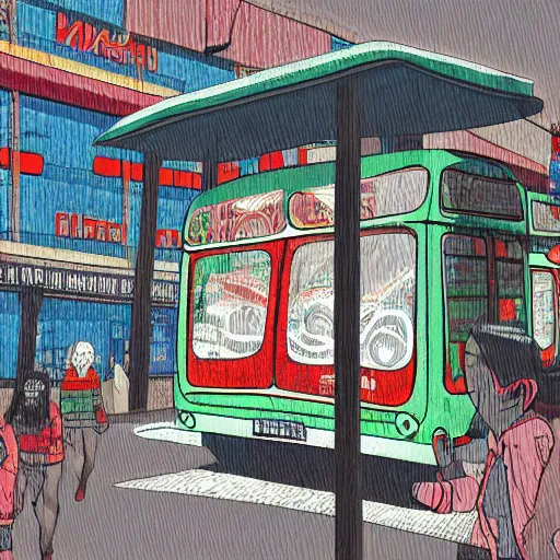 Prompt: soviet bus stop, in the style of daniel johnston and outsider art, 8k, line brush, overlaid with chinese adverts