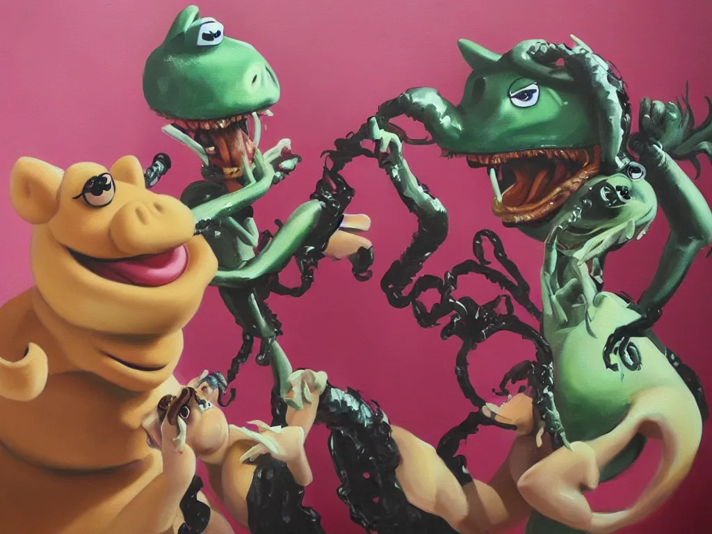 Prompt: “high quality oil painting of Miss Piggy and a xenomorph dancing”