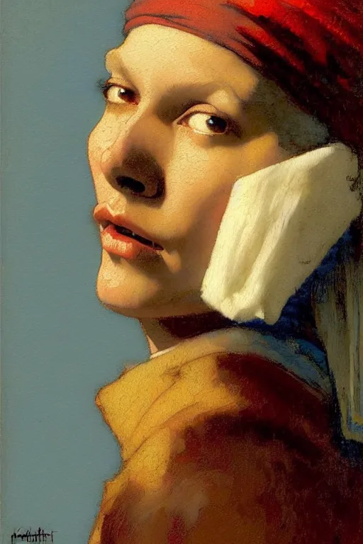 Image similar to full character portrait fallout character art not the girl with the pearl earring character design, painting by gaston bussiere, katsuya terada, nc wyeth, greg rutkowski, craig mullins, vermeer, frank frazetta, mucha, tom of finland, trending on artstation, jeffery catherine jones