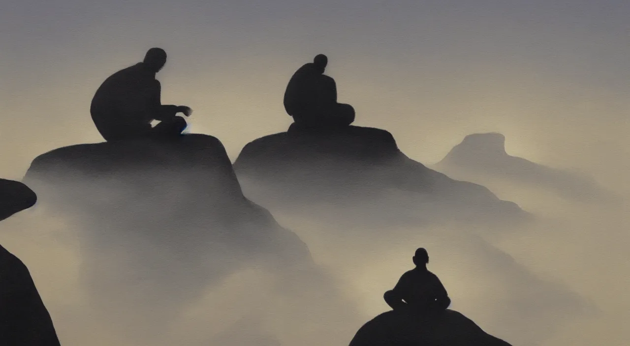 Image similar to anderson debernardi painted style a one silhouette of a meditating monk sitting in the fog on a stone protruding from the water in the rays of the morning sun