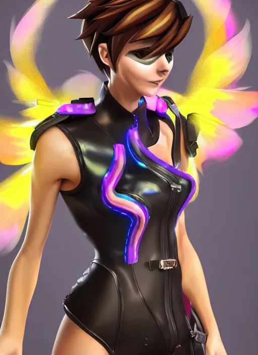 Image similar to fullbody digital artwork of tracer overwatch, wearing black iridescent rainbow latex tank top, 4 k, expressive happy smug expression, makeup, in style of mark arian, angel wings, wearing detailed black leather collar, chains, black leather harness, detailed face and eyes,