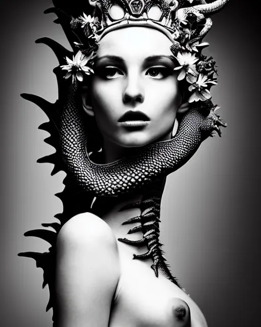 Image similar to a black and white high quality dreamy photo of a young beautiful female queen-dragon-vegetal-flower-cyborg bust with a very long neck, elegant, highly detailed, poetic, soft, dreamy, mysterious, high fashion, rim light, in the style of Ellen von Unwerth, Realistic, Refined, Digital Art, Highly Detailed, Cinematic Lighting, rim light, black and white, photo-realistic, 8K