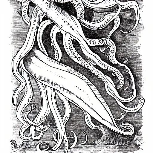 Image similar to a giant squid carrying napoleon on its back, coloring book page