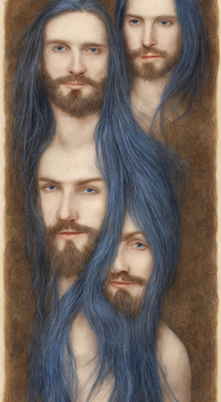 Prompt: a man with long blue hair and a goatee : : human face, blue eyes, pale skin, smiling slightly, looking towards camera : : portrait : : photorealistic