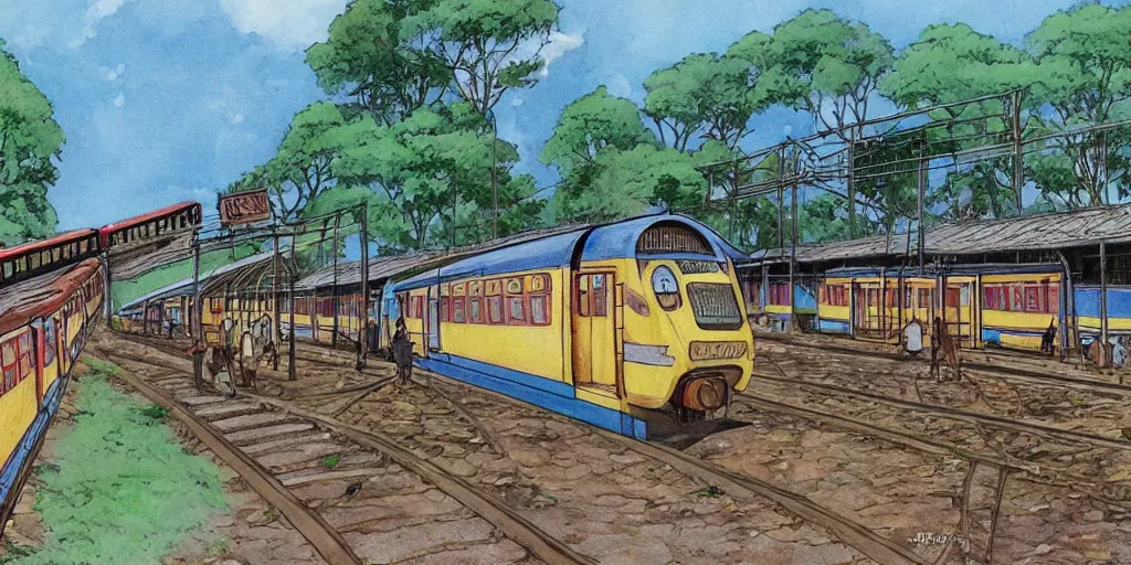 Image similar to sri lankan train station, drawn by hayao miyazaki