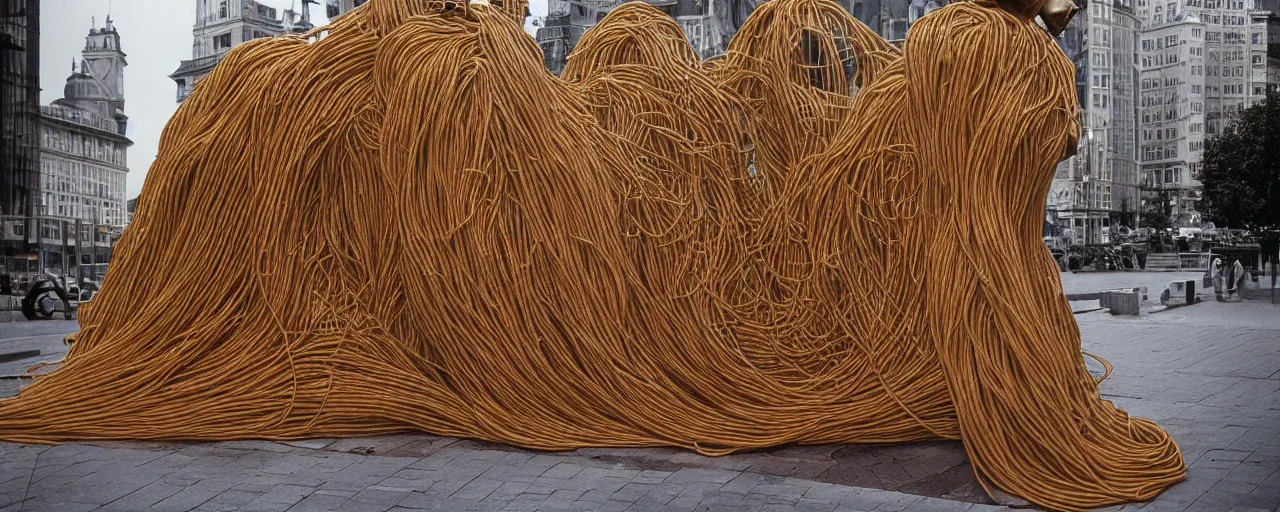 Image similar to ultra wide shot a statue of a person made of spaghetti on an empty european plaza, canon 5 0 mm, cinematic lighting, photography, retro, film, kodachrome, closeup