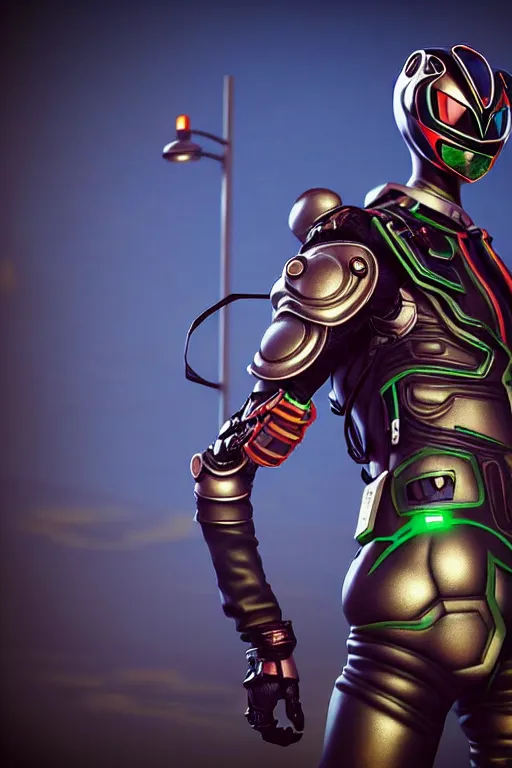 Image similar to kamen rider big technical belt hero action pose, full body portrait, human structure bee concept art, human anatomy, intricate detail, hyperrealistic art and illustration by irakli nadar and alexandre ferra, blurry and sharp focus, on future tokyo night rooftop, unreal 5 engine highlly render, global illumination