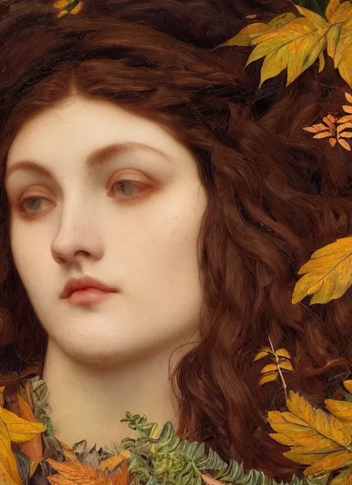 Image similar to masterpiece beautiful seductive flowing curves preraphaelite face portrait amongst leaves, extreme close up shot, straight bangs, thick set features, yellow ochre ornate medieval dress, raven, laying amongst foliage mushroom forest circle arch, frederic leighton and kilian eng and rosetti, 4 k