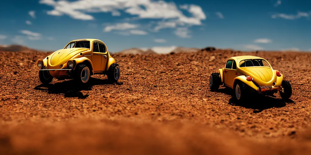 Prompt: Hot Wheels, VW BAJA BUG, cinematic, Maxxis, 8k, depth of field, mexican desert, bokeh, DAKAR.