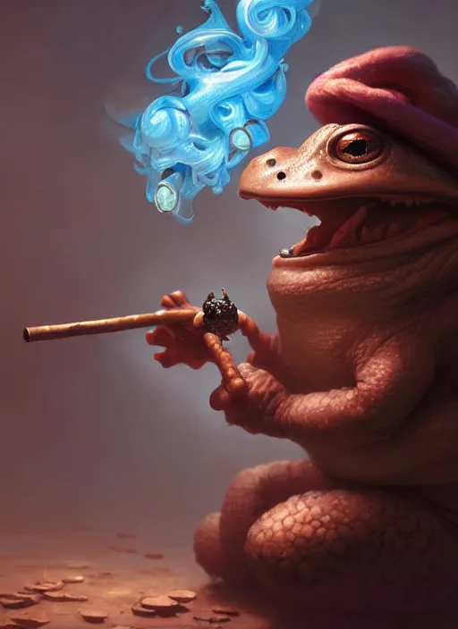 Image similar to cute toad smoking a pipe with colored smoke, subsurface scattering, by jesper ejsing, justin gerard, tomasz alen kopera, cgsociety and fenghua zhong, highly detailed, rim light, cinematic lighting, illustration, art, octane render, very coherent, cinematic, hyper realism, high detail, octane render, 8 k