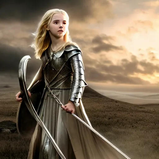 Prompt: cinematic scene with mckenna grace as eowyn from lord of the rings, live action film, battle armor chain mail, dramatic, small details, volumetric lighting, still frame