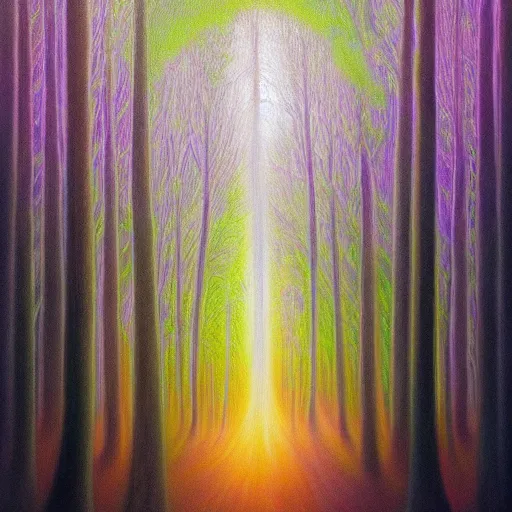 Image similar to painting of the master of light and energy in dense foggy forest by Alex Grey, acrylic art, ethereal, soothing, somber, elegant, warm light, cozy, glows,