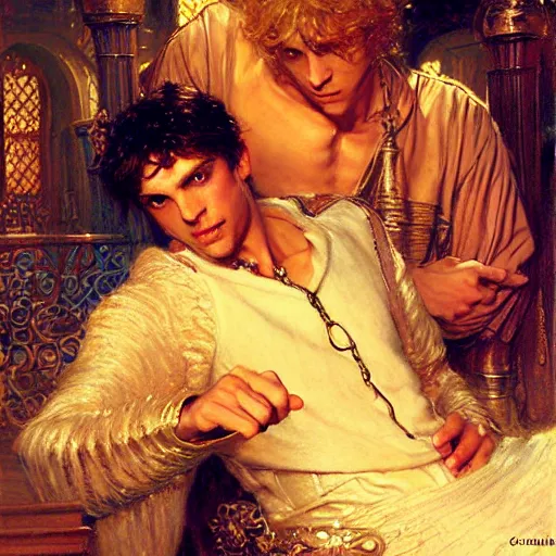 Image similar to attractive, arthur pendragon in love with attractive male, merlin the mage. highly detailed painting by gaston bussiere, craig mullins, j. c. leyendecker