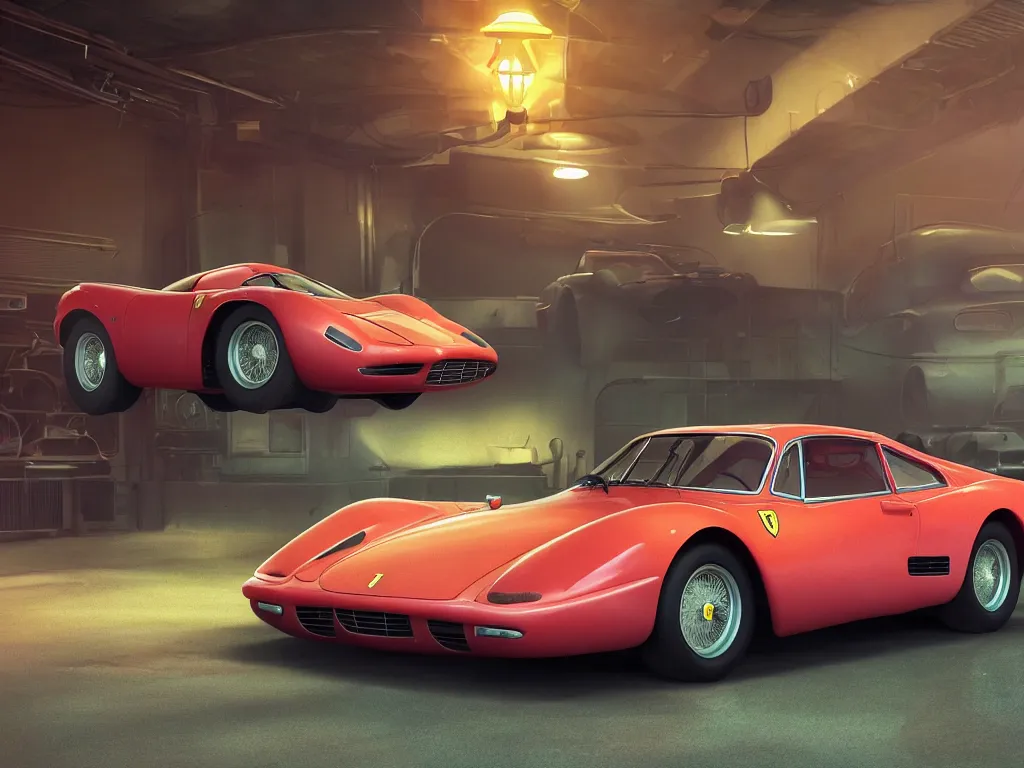 Image similar to a wholesome animation key shot of a focused old ferrari car in a car park, close shot, studio Ghibli, Pixar and Disney animation, sharp, very detailed, high resolution, Rendered in Unreal Engine 5, anime key art by Greg Rutkowski, Bloom, dramatic lighting