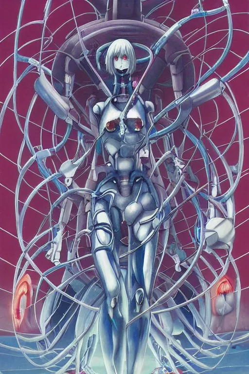 Image similar to female anime character rei ayanami cyborg in the center giygas epcotinside a space station eye of providence beksinski finnian vivid hr giger to eye hellscape mind character environmental