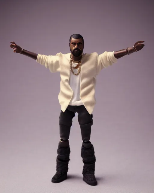 Prompt: 1970s action figure of Kanye West, product photography, plastic toy, white background, isolated background, studio lighting