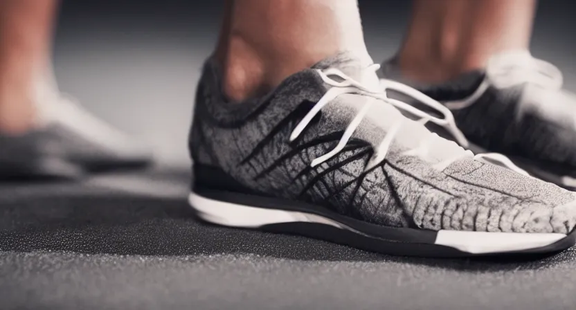 Prompt: close up on worn out running shoes running on a treadmill. cinematic lighting. dark and moody lighting. octane render. dark subdued tones.