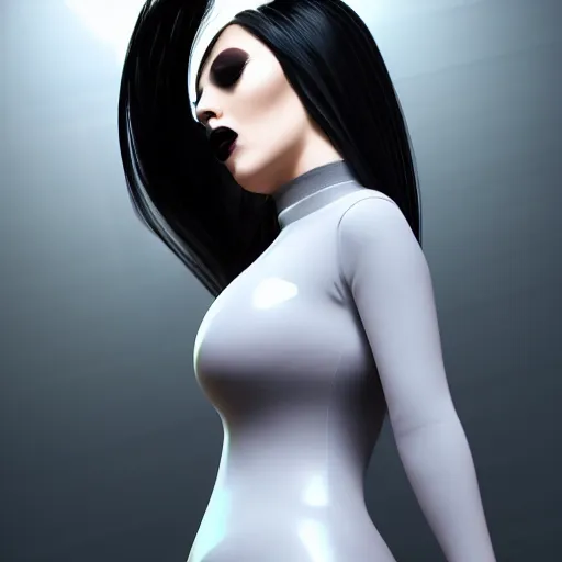 Image similar to a feminine curvy pale hot goth sweetie wearing a modest tight dark pearl-like latex-nylon high-neck dress, dark eyeshadow, eyelashes, cgsociety, photorealistic, sublime-hyperadvanced-amorous ambience, 16k, smooth, sharp focus, trending on ArtStation, volumetric lighting, fully clothed, thin waist