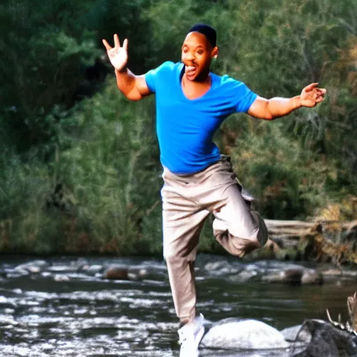 Prompt: will smith skipping over a river