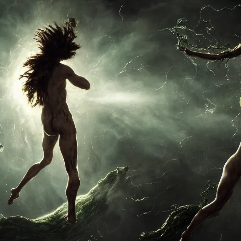 Prompt: still frame from Annihilation (2018) prometheus (2012) movie, dryad nymph sorceress flying through chaos nebula by caravaggio by giger by malczewski by marek okon, 4k wallpaper