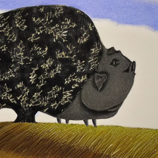 Image similar to pig on a hill next to a tree, style from aoshima chiho