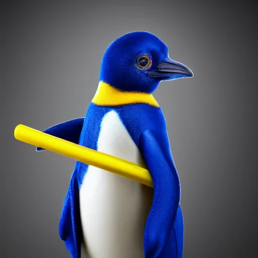 Prompt: portrait photo of a penguin as a jedi, blue and yellow lighting, dark, cinematic, high quality, 4 k