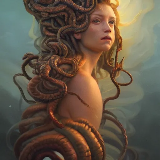 Image similar to Mythical petrifying Medusa portrait, atmospheric lighting, painted, intricate, volumetric lighting, beautiful, rich deep colors masterpiece, golden hour, sharp focus, ultra detailed, by Leesha Hannigan, Ross Tran, Thierry Doizon, Kai Carpenter,Ignacio Fernández Ríos