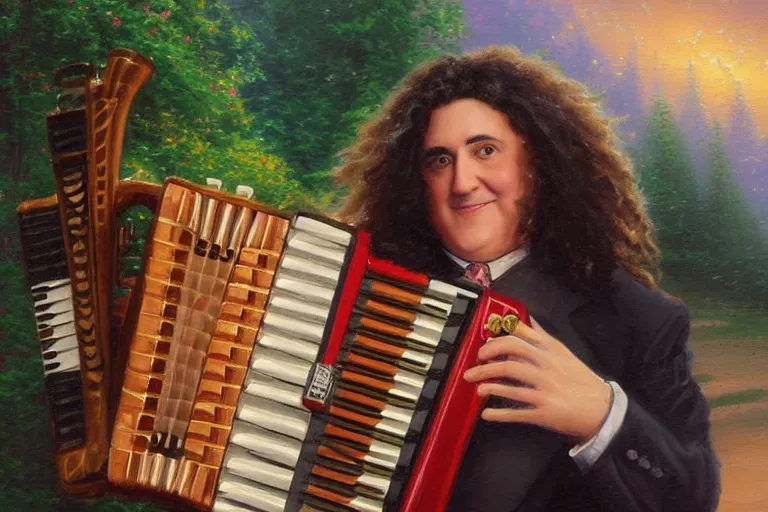 Prompt: thomas kinkade painting of weird al yankovic playing an accordian on fire