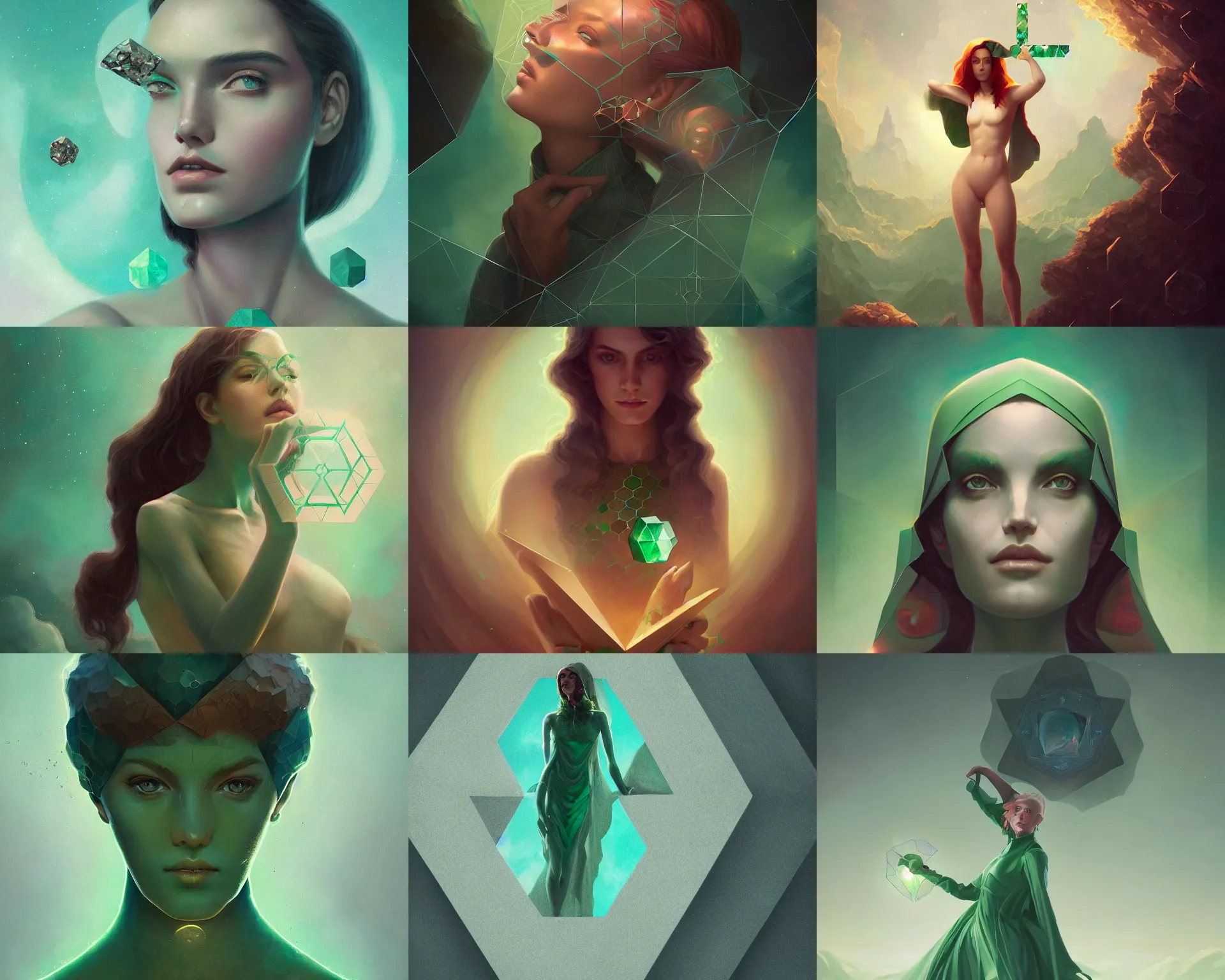 Prompt: esoteric emerald herald disguised as a hexagon by sylvain sarrailh and tom bagshaw, 3 5 mm f / 1. 4 canon oil on canvas on artstation