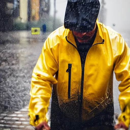 Image similar to award winning photograph of a man with a yellow jacket in the rain, extreme details, sharp focus