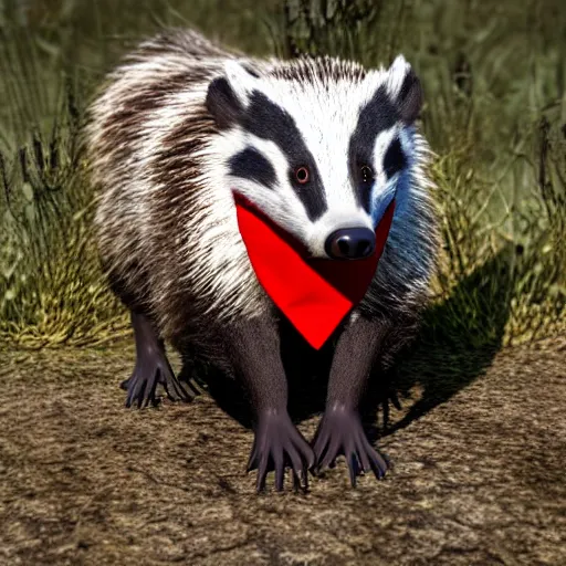 Image similar to a friendly badger walking towards the camera, he‘s wearing a red neckerchief, white background, clean digital render