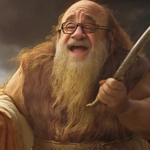 Prompt: movie still of danny devito starring as gimli in the 2 0 2 3 lord of the rings movie, full body, hyper realistic, high quality