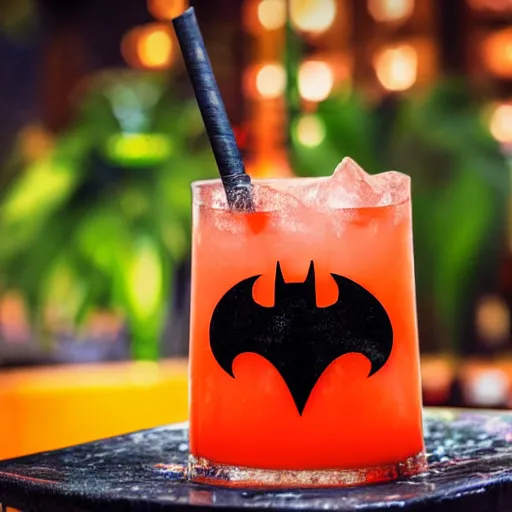 Image similar to a closeup photorealistic photograph of a glossy batman style tiki mug sitting at an outdoor trader vic's bar featuring batman face. tiki theme. icy colorful drink. bright scene. fine detail. this 4 k hd image is trending on artstation, featured on behance, well - rendered, extra crisp, features intricate detail, epic composition and the style of unreal engine.