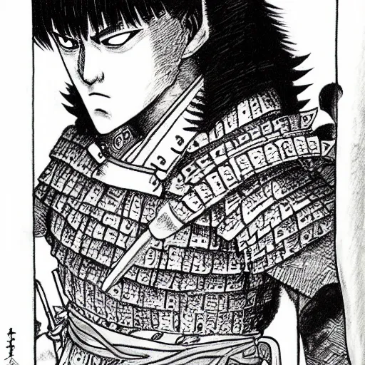 Prompt: A samurai by Kentaro Miura