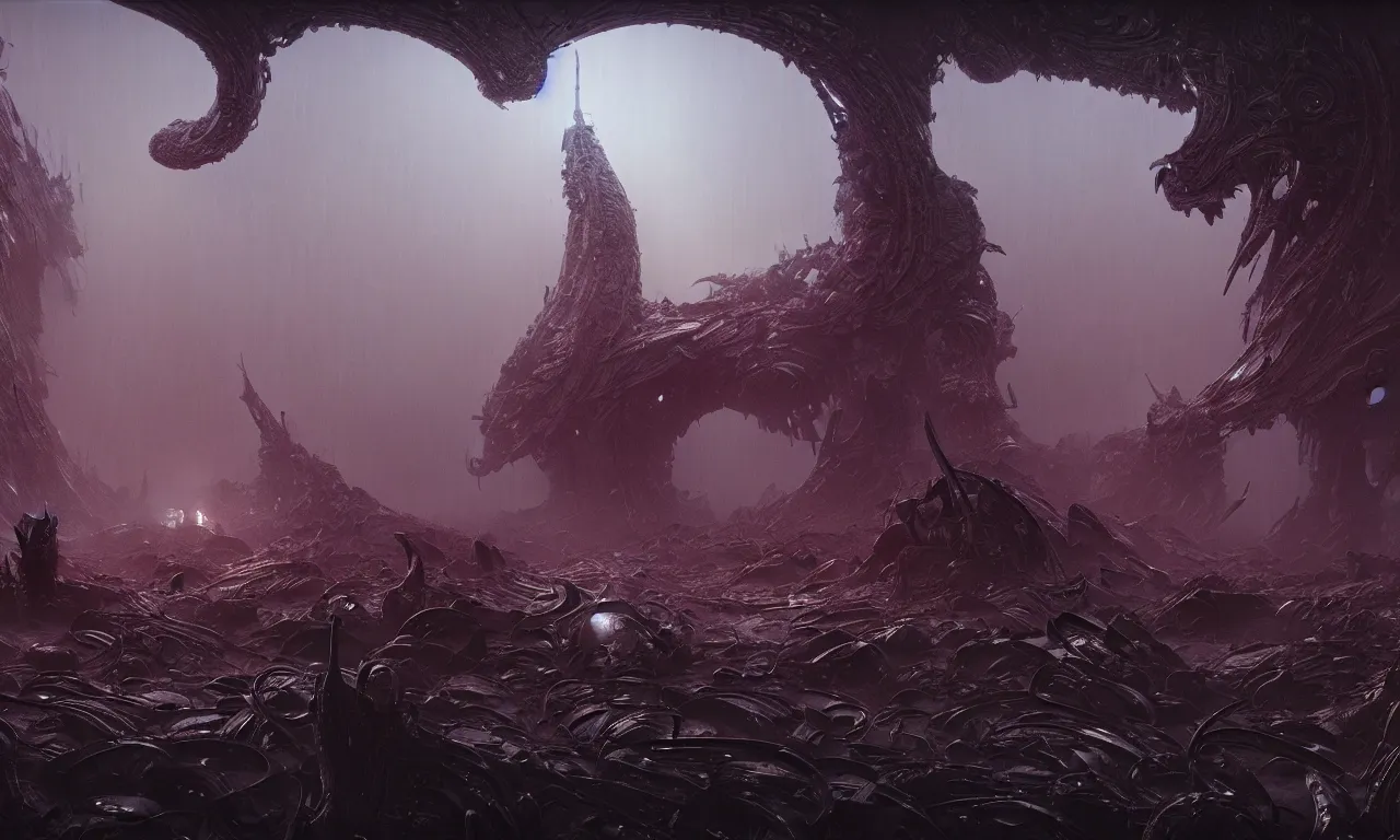 Image similar to Sci-fi environment set in a nightmarish universe of odd forms and somber tapestry, HR Giger, Wadim Kashin, in Zdzisław Beksiński color scheme, featured in artstation, octane render, cinematic, elegant, intricate, 8k