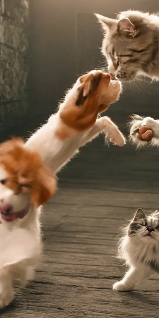 Prompt: A cat and a dog are fighting for a sausage,highly detailed,cinematography,realistic cinematic lighting,