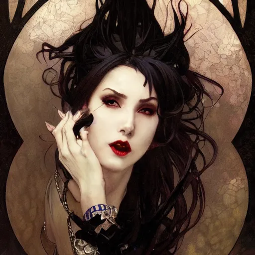 Image similar to portrait of a menacing beautiful vampire, by Stanley Artgerm Lau , greg rutkowski, thomas kindkade, alphonse mucha, loish, norman rockwell, J. C. Leyendecker. blinding white hair, pale skin, sinister complexion, beautiful detailed eyes, rose. D&D, fantasy. Trending on artstation rule of thirds extremely detailed illustration hd 4k