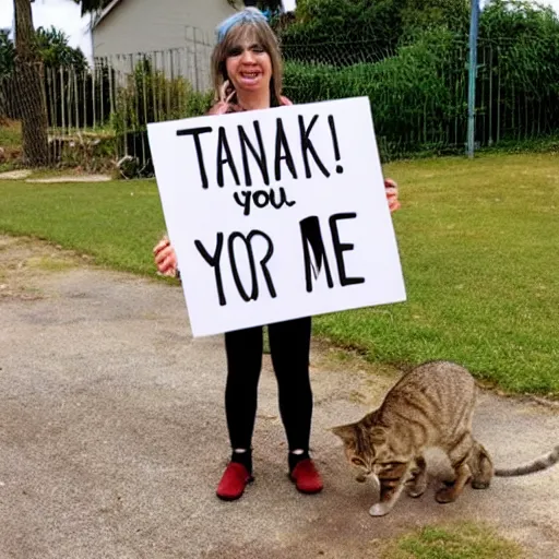 Image similar to a tabby cat holding a sign that says thank you!