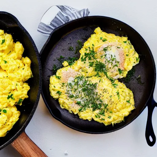 Prompt: scrambled eggs in a cast iron skillet, photorealistic