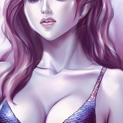 Prompt: very very very beautiful mermaid with clamshell bra, flirty, smiling, eye contact, perfect face, perfect body, drawn in the style of artgerm