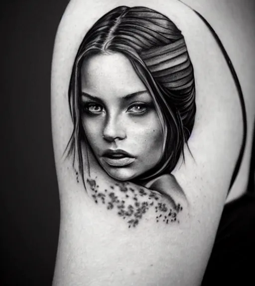 Image similar to a beautiful girl portrait, faded mountain background, realism tattoo, in the style of den yakovlev, black and white, hyper realistic, highly detailed