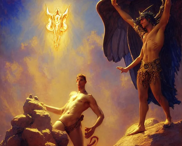 Image similar to attractive male deity, casting demonic magic, summoning handsome lucifer morning star. highly detailed painting by gaston bussiere, craig mullins, j. c. leyendecker 8 k