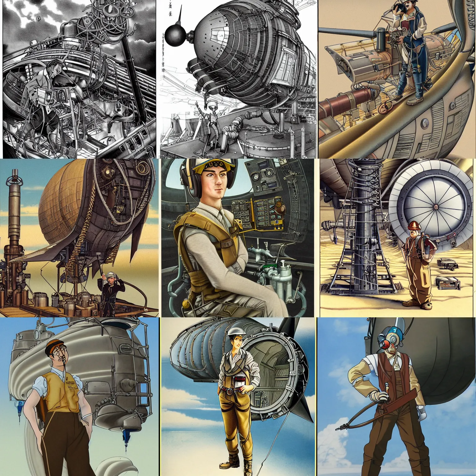 Prompt: Full body portrait of an engineer working on an airship, dieselpunk, detailed, style of a 1990's Japanese OVA