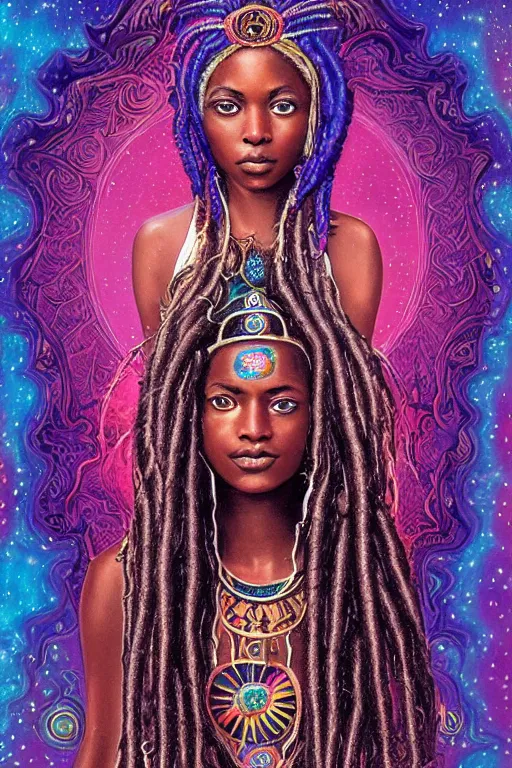 Image similar to beautiful, iridescent, and refined engraved fractal tarot card featuring an ornate, realistic, and regal high key studio anaglyph portrait of an attractive young kenyan princess with beaded dreadlock hair in front of a brilliant nebula by Eric Lafforgue, by Suicide Girls, by Dan Mumford, by Jim Fitzpatrick, featured on deviant art, trending on artstation