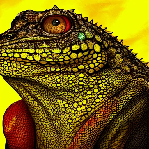 Image similar to portrait of yellow lizard, cult attire, antropomorphic, fantasy digital art, art station