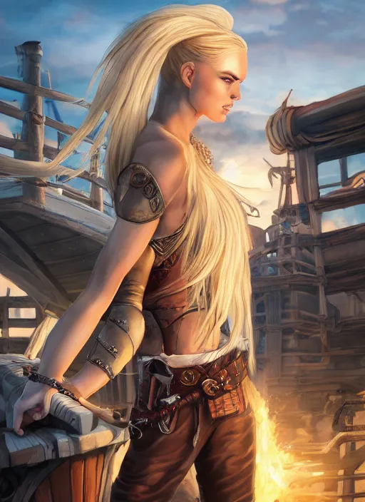 Image similar to An epic fantasy comic book style portrait painting of tall blonde haired female sky-pirate with a serious face and a pony tail in front of a metal gangplank in the style of the wheel of time, unreal 5, DAZ, hyperrealistic, octane render, cosplay, RPG portrait, dynamic lighting