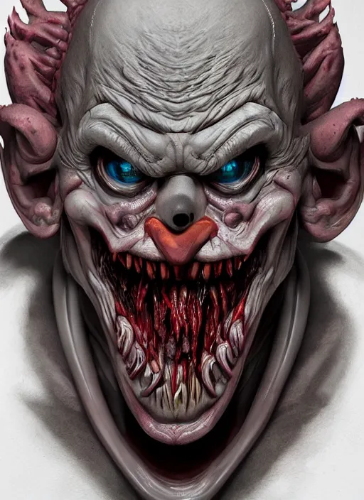 Image similar to evil horror clown, monster anatomy, ross tran, vivid colors, anatomical, highly detailed sculpture, intricate detailed, ommatidia, 8 k, cinematic atmosphere, post - processing