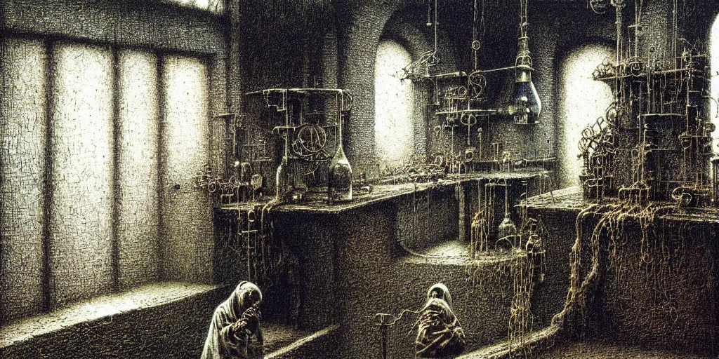 Prompt: detailed laboratory of alchemist and mage by Beksinski, Luis Royo