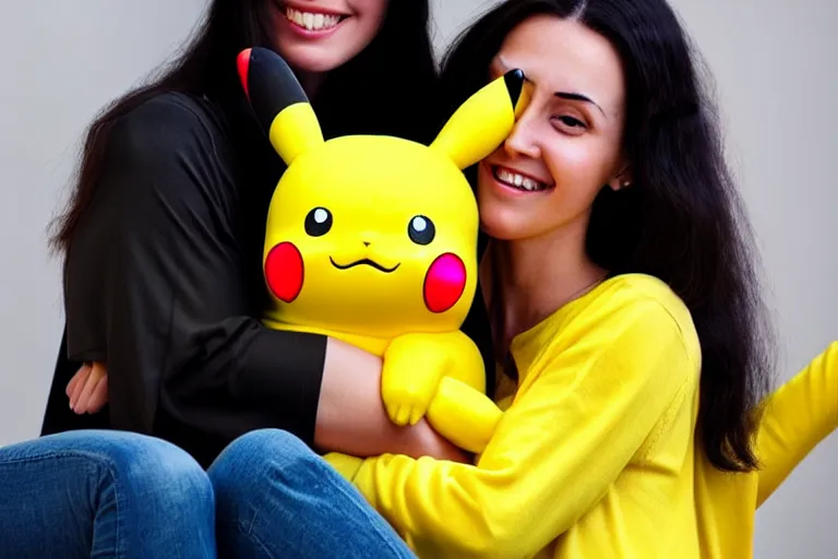 Image similar to a young skinny woman with long dark hair hugging a pikachu