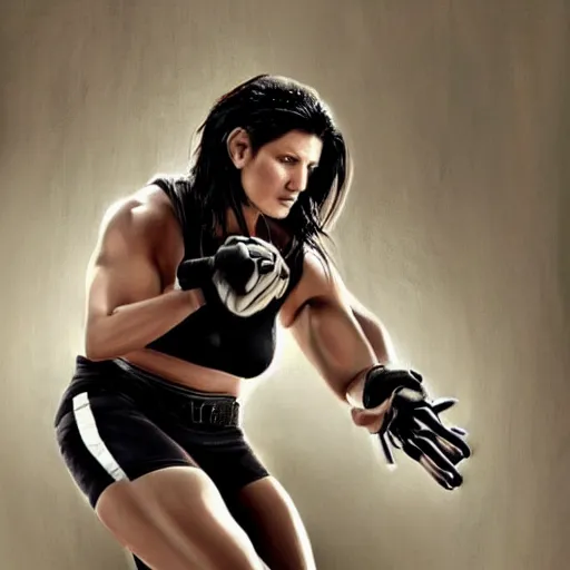 Image similar to beautiful digital painting of gina carano with a cybernetic arm, highly detailed, hyperrealism